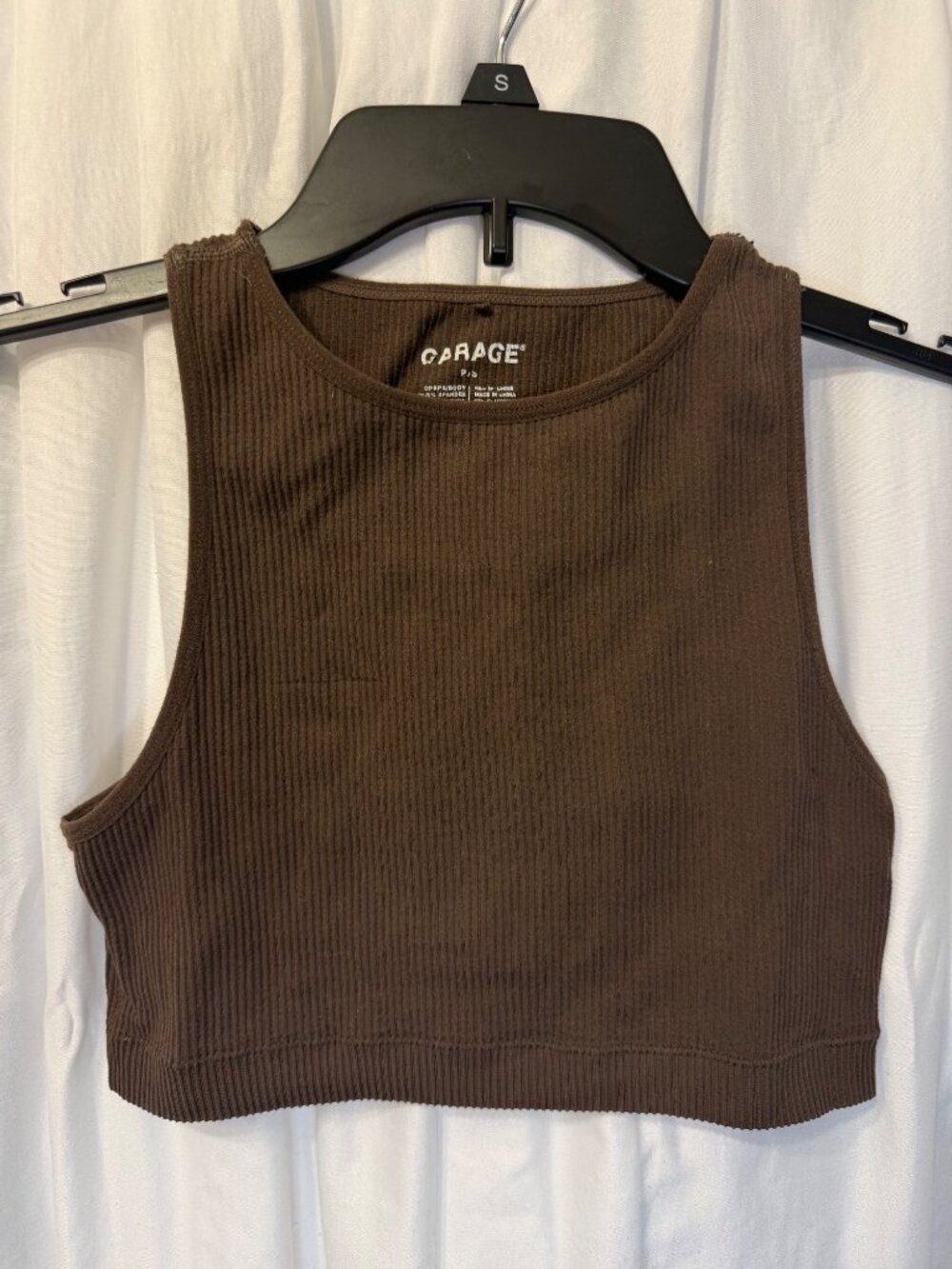 Brown Ribbed Garage Crop Tank Top P/S Nylon Spandex Blend